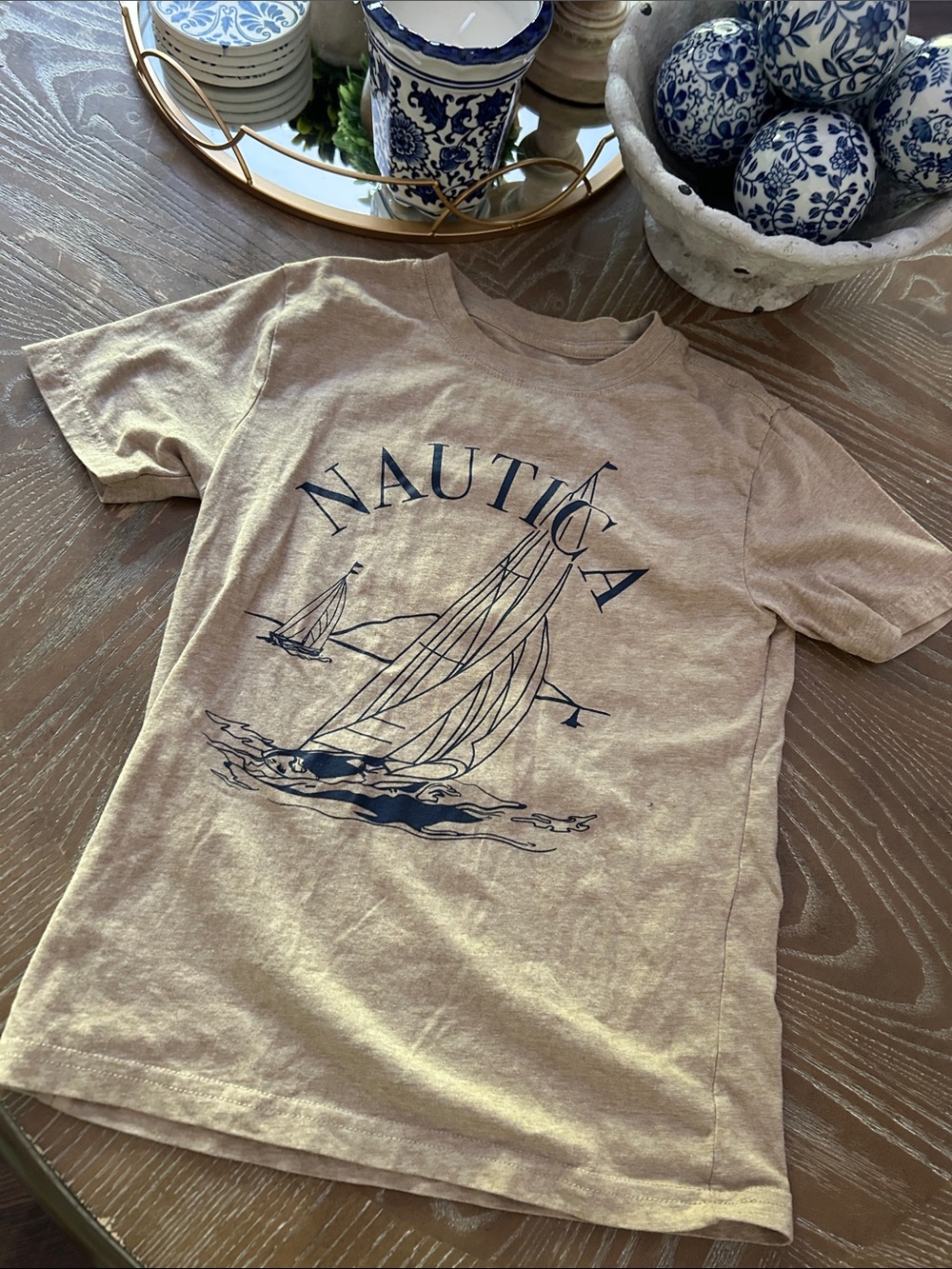 Nautica Tan Tee with Navy Sailboat Graphic Boys 8